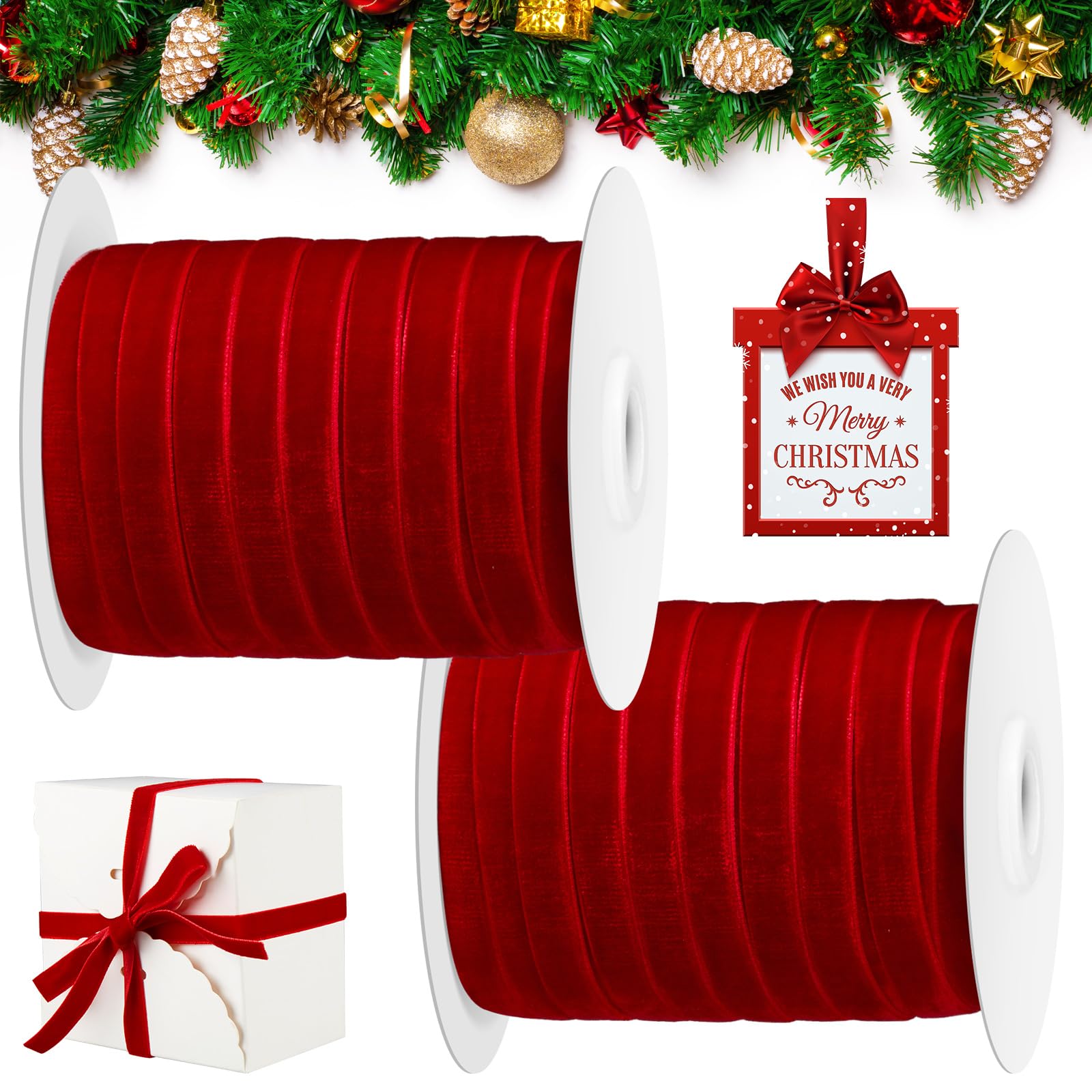 Cindeer 100 Yards Christmas Velvet Ribbon Christmas Ornaments Satin Vintage Trim Velvet Ribbon Roll for Gift Wrapping Hair Bow Clip DIY Crafts Party Wedding Decor(5/8 Inch,Red)