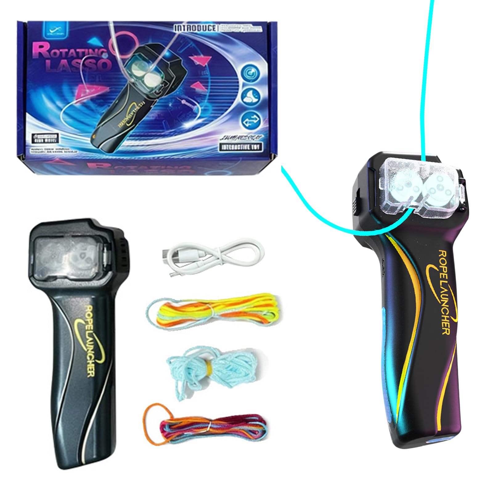 String Rope Launcher, SiumPklay Fidget String Launcher Toy with 4 Ropes (2 fluorescent 2 colored), Cool Lasso Loop & Glow in the Dark Rope Toy for Kids, Boys, and Pets Fun Interactive Play