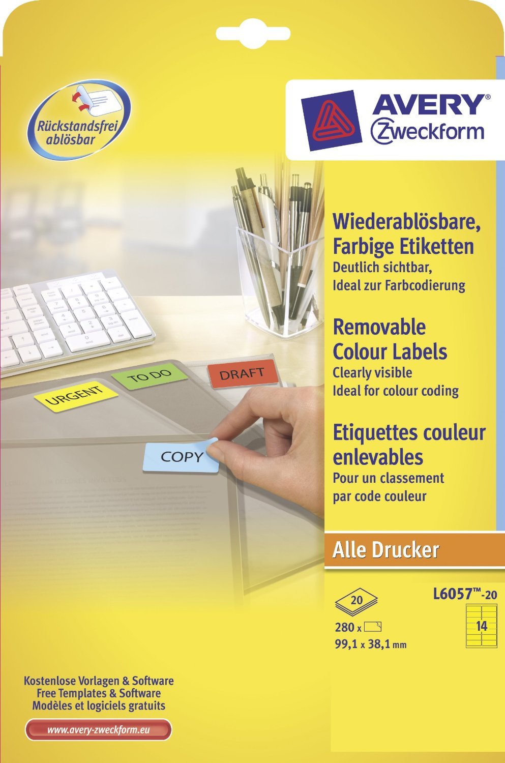 Avery Zweckform L6057-20 Labels Yellow 99.1 x 38.1 mm 20 Sheets