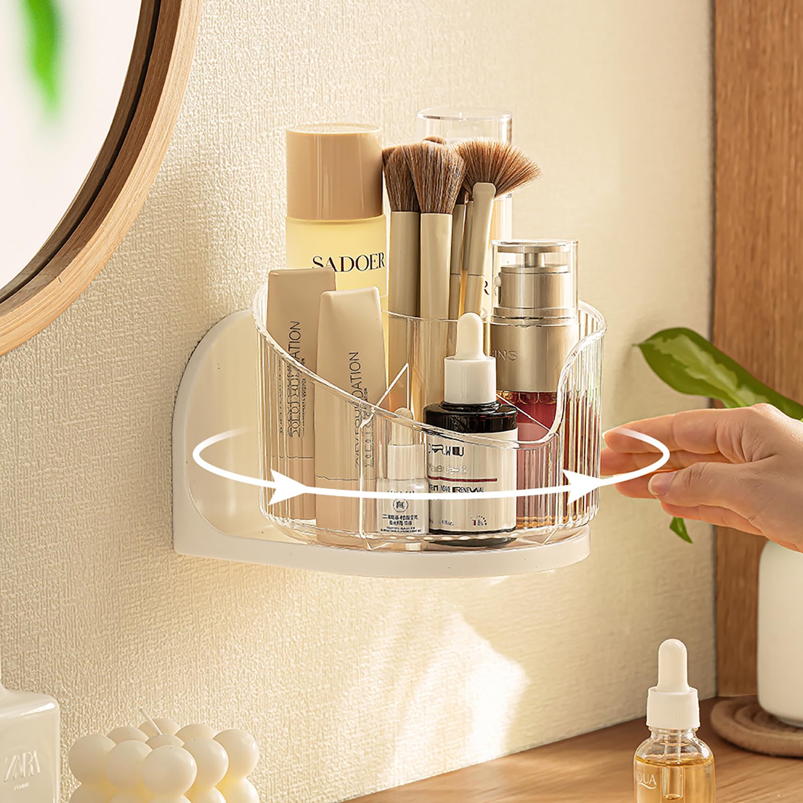 Photo 1 of Akittyya Makeup Brush Holder 360° Rotatable Cosmetic Organizer, Wall Mounted & Desktop Make Up Brushes Organizer with 6 Slots, Multifunction Stationery Desk Storage Holder (White)