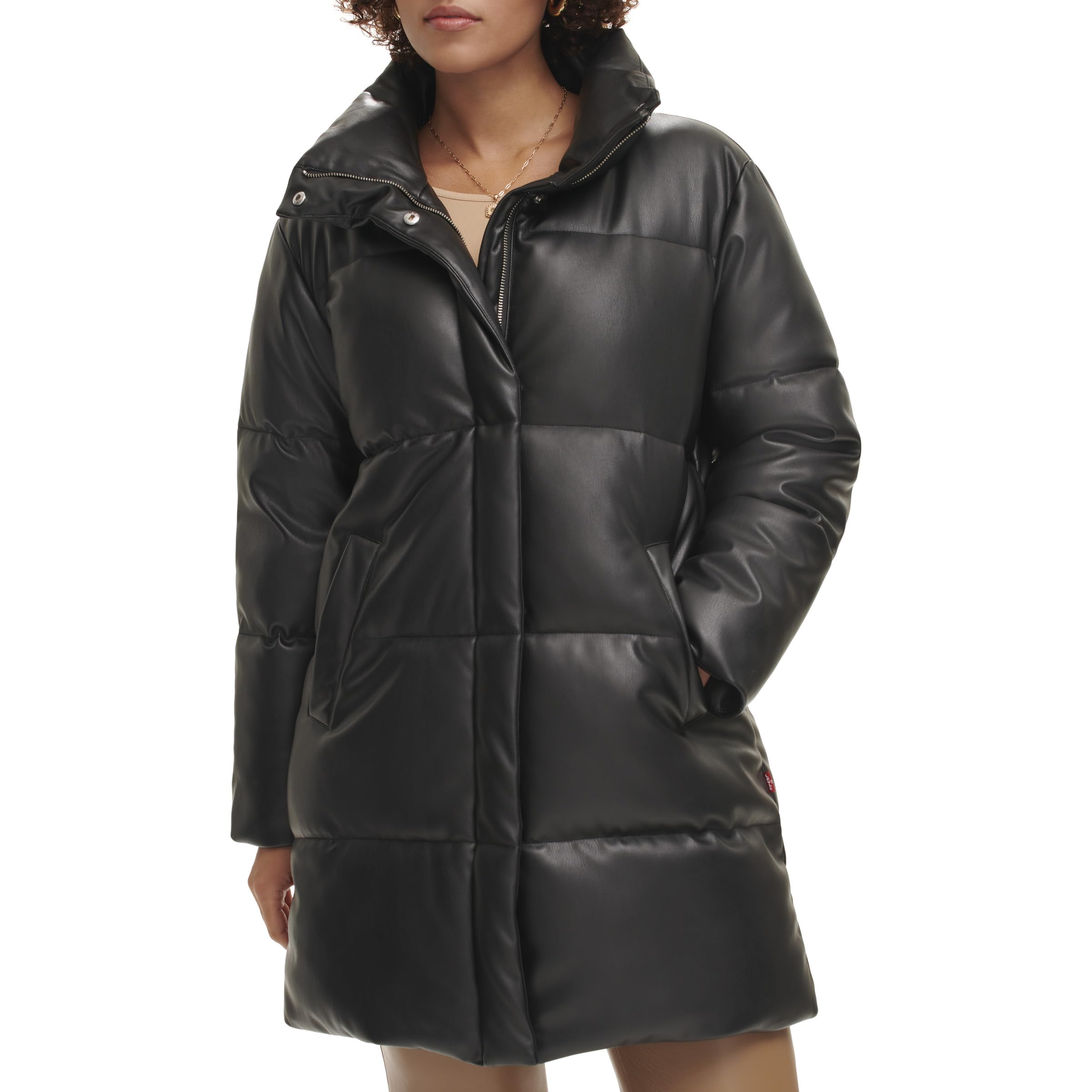 Photo 1 of Levi's Women's Faux Leather Mid-Length Puffer Coat, Black