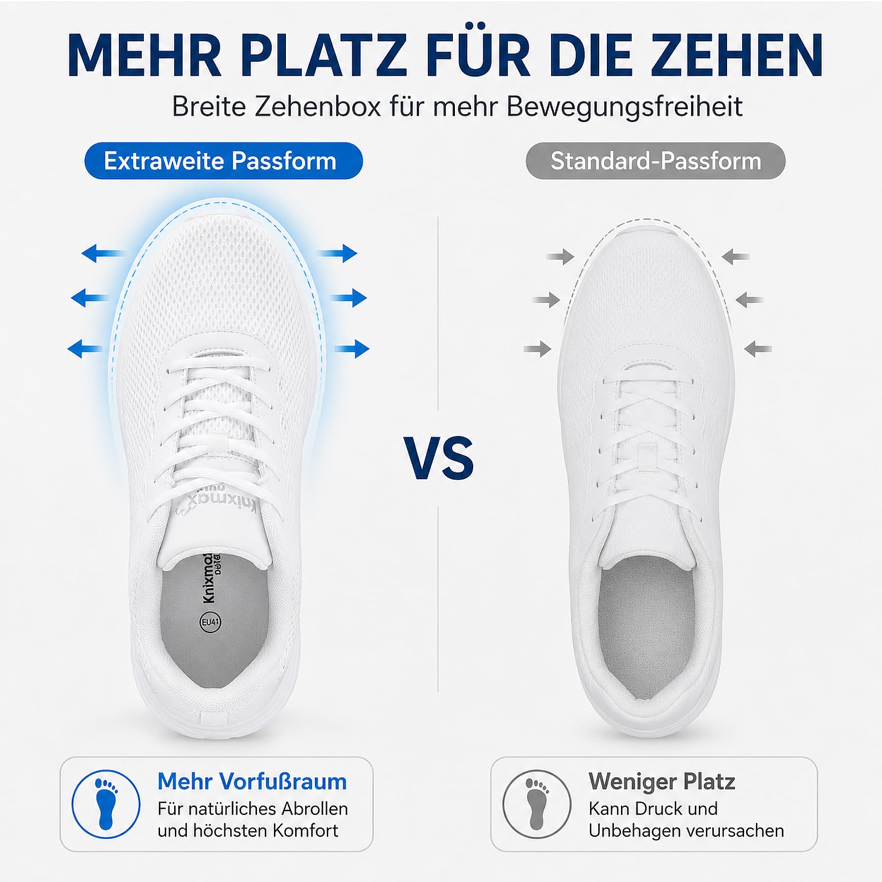 Knixmax Outdoor Walkingschuhe für Damen und Herren – atmungsaktive Sneaker für breitere Füße mit breiter Zehenbox leichte Komfortschuhe Weiß(Leichter Blaustich) EU42 2