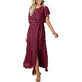 ECOWISH Women Maxi Dresses Cocktail Party Wedding Guest Formal Pleated Long Dress Short Sleeve Slit Empire Waist Evening Gown