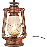 NOXARTE Rustic Lantern Table Lamp Plug-in Old Fashioned Night Light Perfect for Bedroom Living Room H15 Inch x W7 Inch