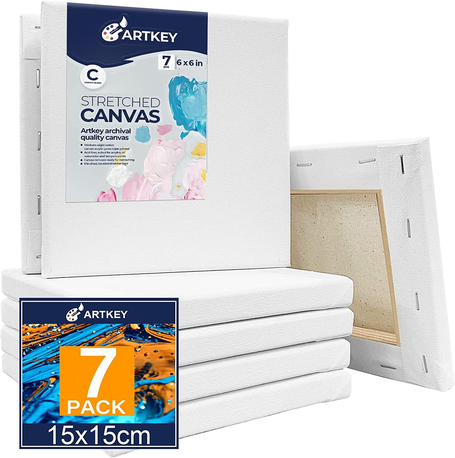 Stretched Canvases for Painting 6x6 Inch 7-Pack, 10 oz Triple Primed Acid-Free 100% Cotton Blank Canvas, Square Canvas for Oil Paint Acrylics Pouring & Wet Art Media, Pour Painting