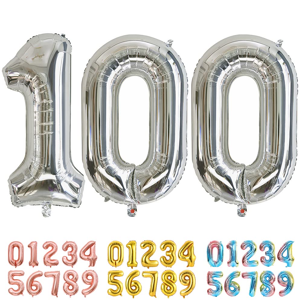 Ponmoo Foil Balloon Number 100 Silver, Giant Numbers 0 1 2 3 4 5 6 7 8 9 10-19 20-29 30-39 40-49 50-60-70-80-90-100, Large Balloons for Wedding Anniversary Birthday Party Decoration