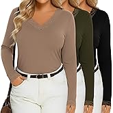 Evervibe 3 Pack Women's Plus Size Long Sleeve T-Shirts, Lace V Neck Loose Fit Tops Casual Fall Shirts Basic tee for Leggings