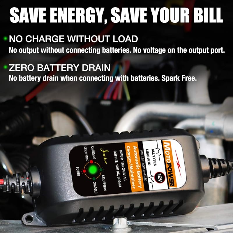 MP00205A 12V 800mA completamente automatico caricabatterie/manutentore per auto, moto, ATV, camper, Powersports, barca e altro ancora. Intelligente, compatto ed ecologico