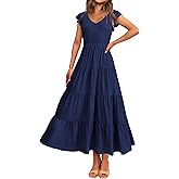 MASCOMODA Womens Summer Maxi Dress Casual V Neck Cap Sleeve Smocked Dresses Ruffle Tiered Beach Party Long Flowy Sundresses
