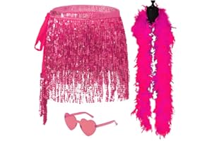 SHENJIPPC Sequin Skirt - Sequin Skirt for Women Fringe Skirt Belly Dance Rave Disco Cowgirl Sparkle Skirt, with Sunglasses + Boa