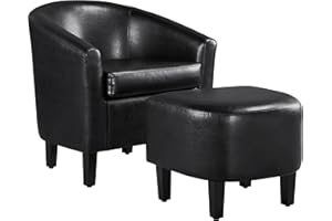 Yaheetech Accent Chair with Ottoman Set, Modern Faux Leather Upholstered Soft Barrel Chair and Footrest, Club Armchair and Footstool for Living Room/Bedroom/Reading Room/Guest Room, Black