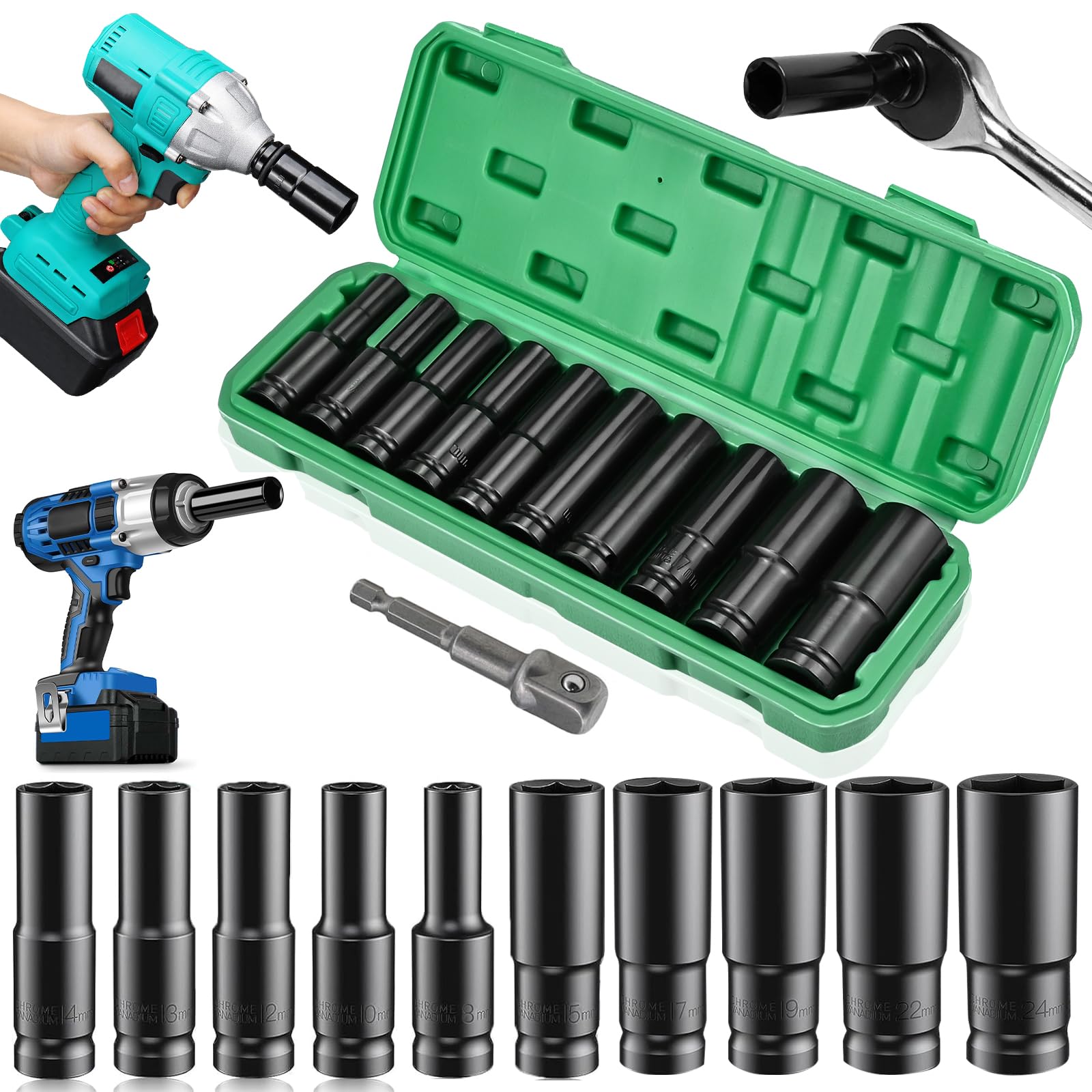 Deep Impact Socket Set - 11Pcs 1/2" Socket Sets 10-24mm Impact Driver Hex Bit Sockets with Hex Shank Adapter & Storage Box for Automotive Home DIY Repair