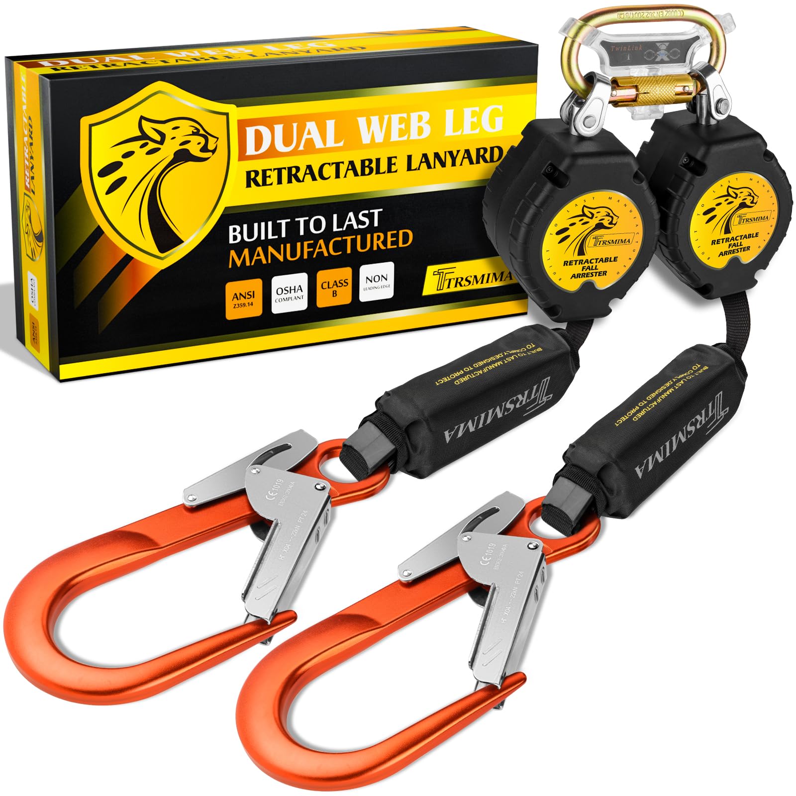 Photo 1 of ****T IS USED, IT IS MISSING PARTS AND IT IS NOT KNOWN IF IT WORKS AT 10%***TRSMIMA Fall Protection Retractable Lanyard - 6FT Twin Leg Self Retracting Lanyard Tangle-Free Webbing Shock Absorber Dual Aluminum Pelican Rebar Hook Aluminum Carabiner OSHA ANSI