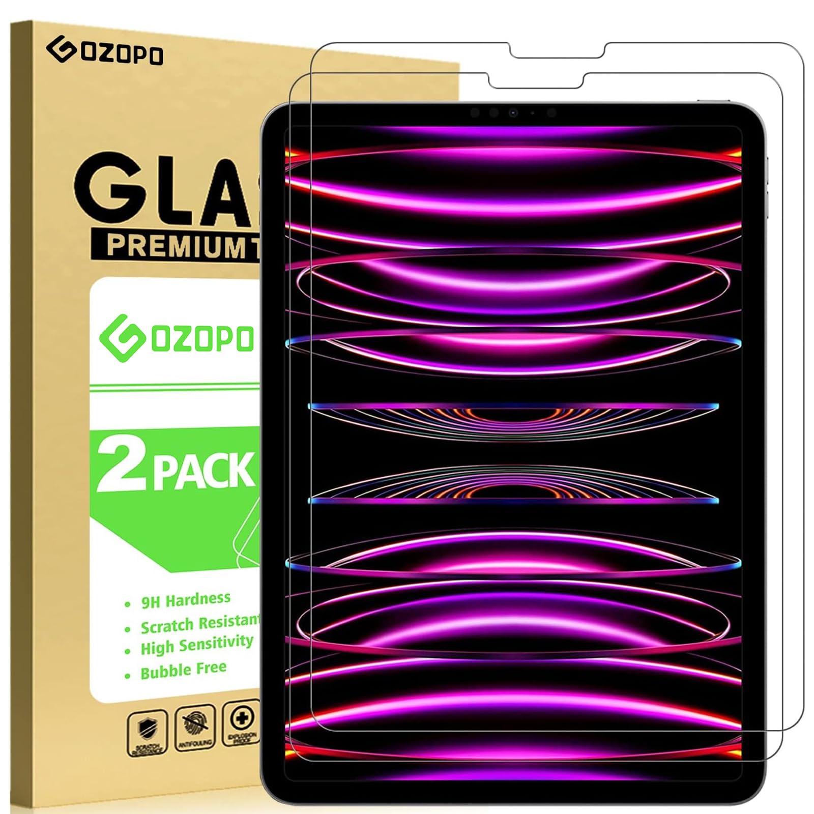 GOZOPO Screen Protector for iPad Pro 11 (2022/2021/2020/2018 Release) and iPad Air 5 / Air 4 10.9" (5th / 4th generation) Tempered Glass Film [Anti-Scratch] [9H Hardness] — image 1