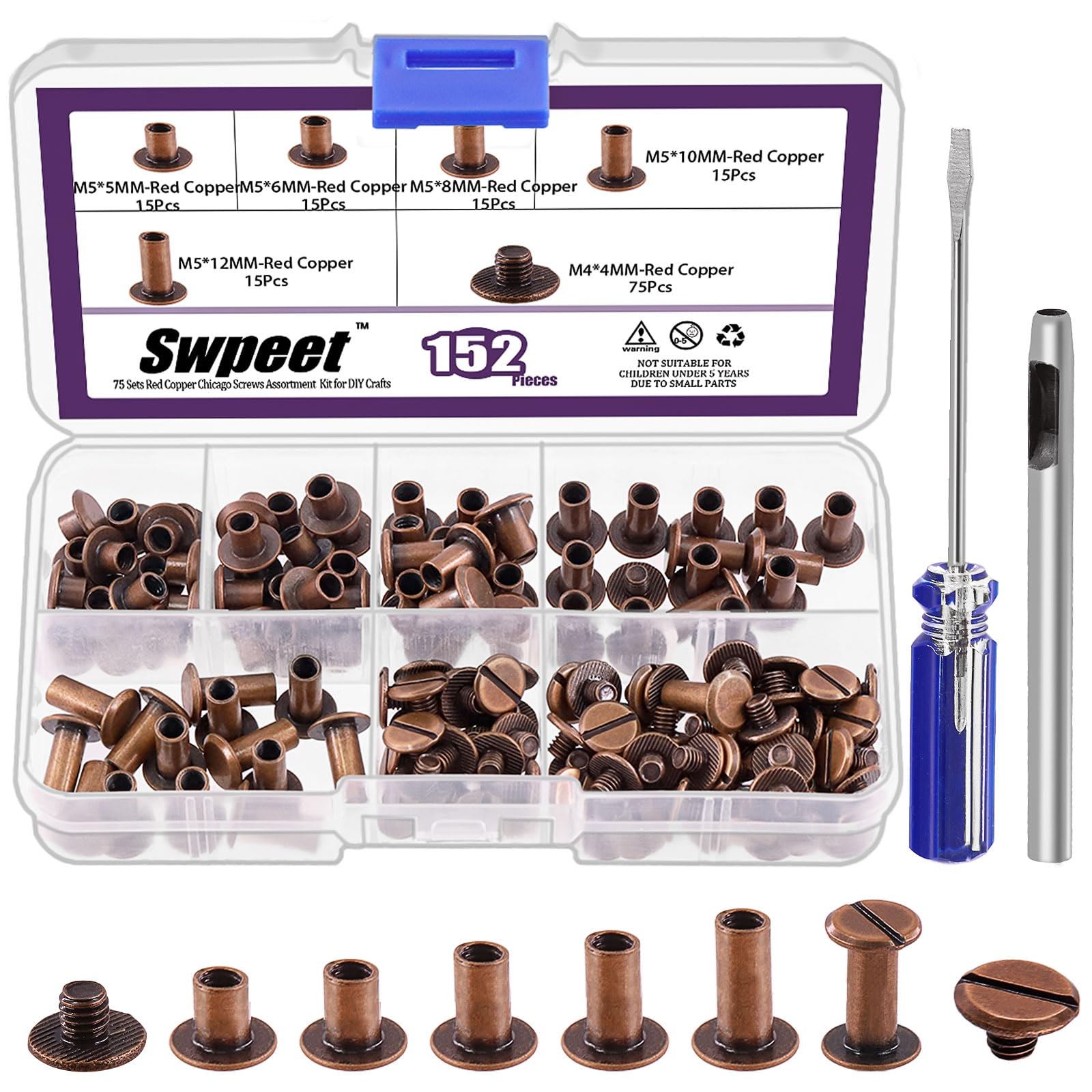 Swpeet 152Pcs M5x5mm, 6mm, 8mm, 10mm, 12mm Red Bronze Screws Leather Rivets Assorted with Hole Punch and Screwdriver, Round Flat Head Stud Screw for DIY Leather Craft and Bookbinding