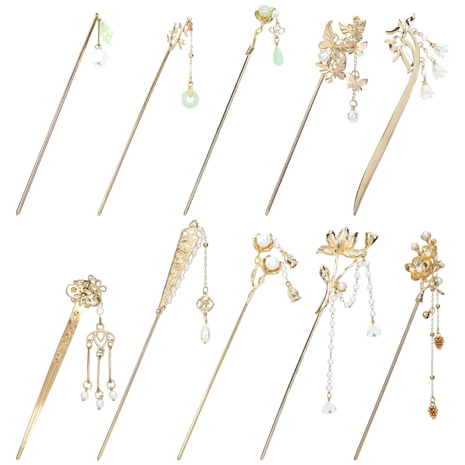 Yoosit 10 Pack Retro Gold Metal Long Hair Sticks Pins with Pearl Jade Dangles Tassels Pendants Chinese Hanfu Asian Flower Butterfly Hair Chopsticks Hair Picks Bun Forks Holders Hairpins for Women Girl