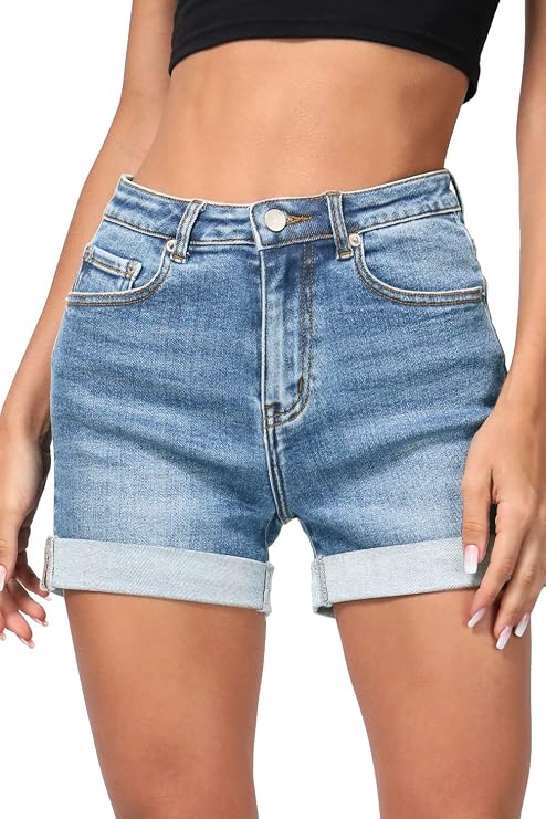 Mujer Pantalones Cortos De Mezclilla con Cintura Alta Roll Up Shorts Elástica Playa Básicos Cortos Vaqueros