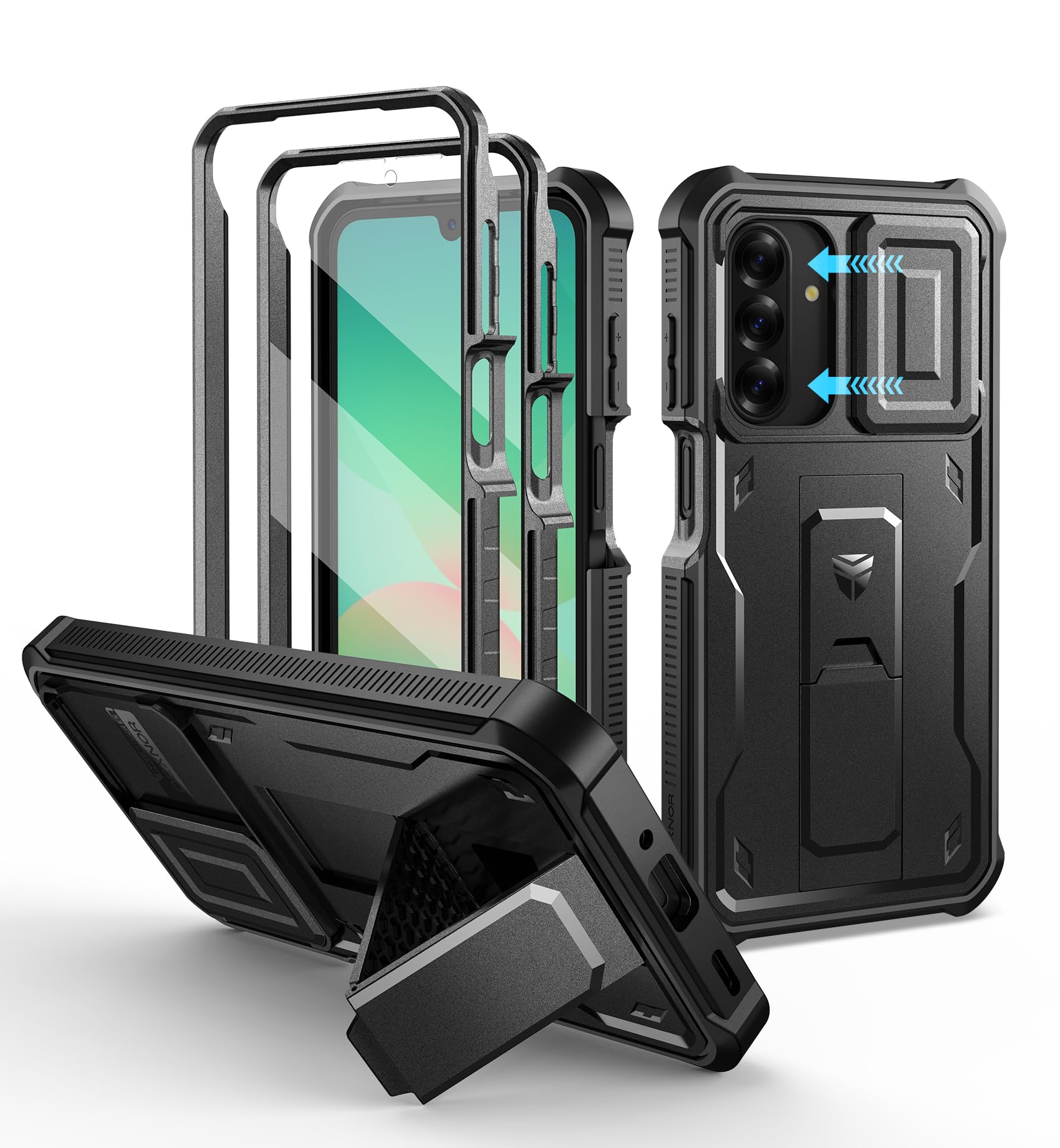 Dexnor for Samsung Galaxy A26-5G Case, [2 Front Frame] [Built-in Magnetic Slide Camera Cover & Kickstand] Heavy Duty Protection Shockproof Phone Case with Screen Protector, 6.7 inch Black