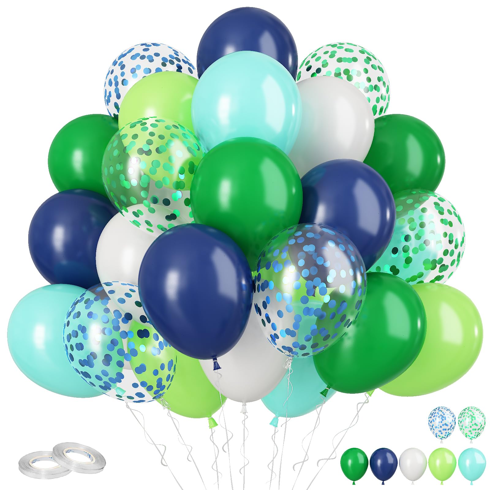Photo 1 of 60Pcs Blue and Green Balloons, 12 Inch Navy Blue Fruit Green Confetti Balloons Teal Blue White Latex Balloon for Kids Birthday Baby Shower Jungle Dinosaur Theme Party Decorations