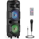 ROXAAN TWS PA Speaker System Karaoke Machine Set with Wired Microphone, Wireless Bluetooth Speaker with Remote for Party Events Singing, Portable Audio Equipment, Dual 8'' Speaker with DJ Lights, FM