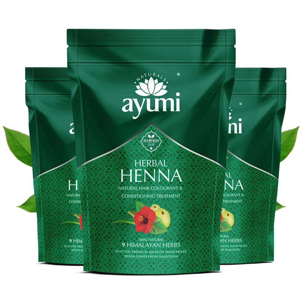 Ayumi Herbal Henna Powder with 9 Himalayan Herbs | Bhringraj Powder | AmlaPowder | Brahmi | Nourishing Natural Hair Dye, Dandruff Control|Reducing Itchiness Henna Hair Dye for Men & Women| 3x150g