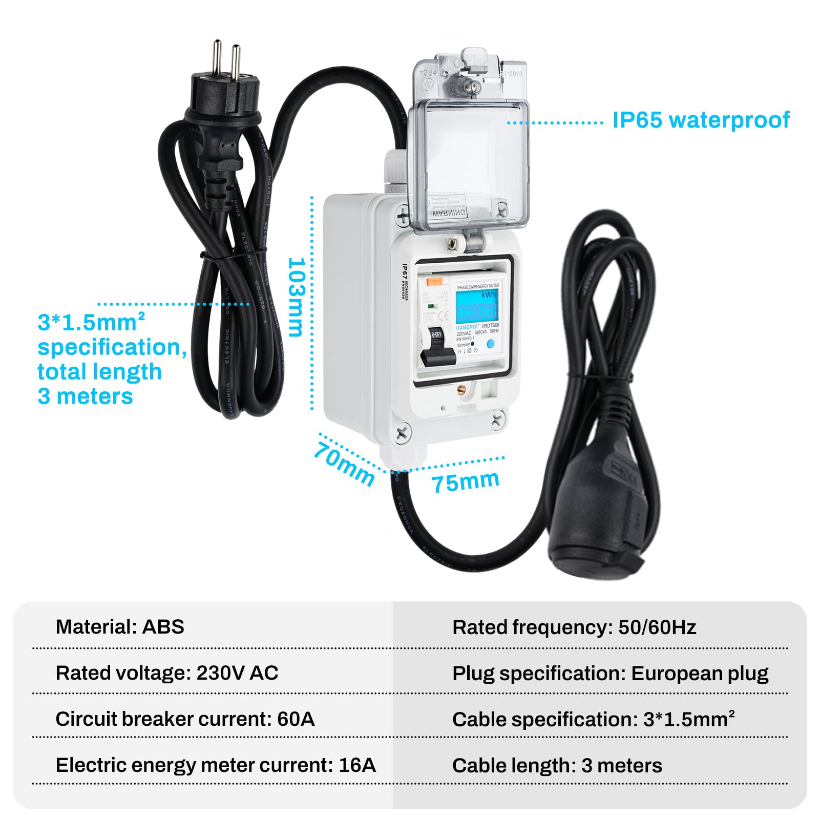 DewinLVD Mobiler Digitaler Stromzähler, Stromzähler für Steckdose Outdoor 16A Typ A Schutzschalter Eurostecker IP65 Wasserdich Messgerät 230V 60A für Industrieanlage Garten 5