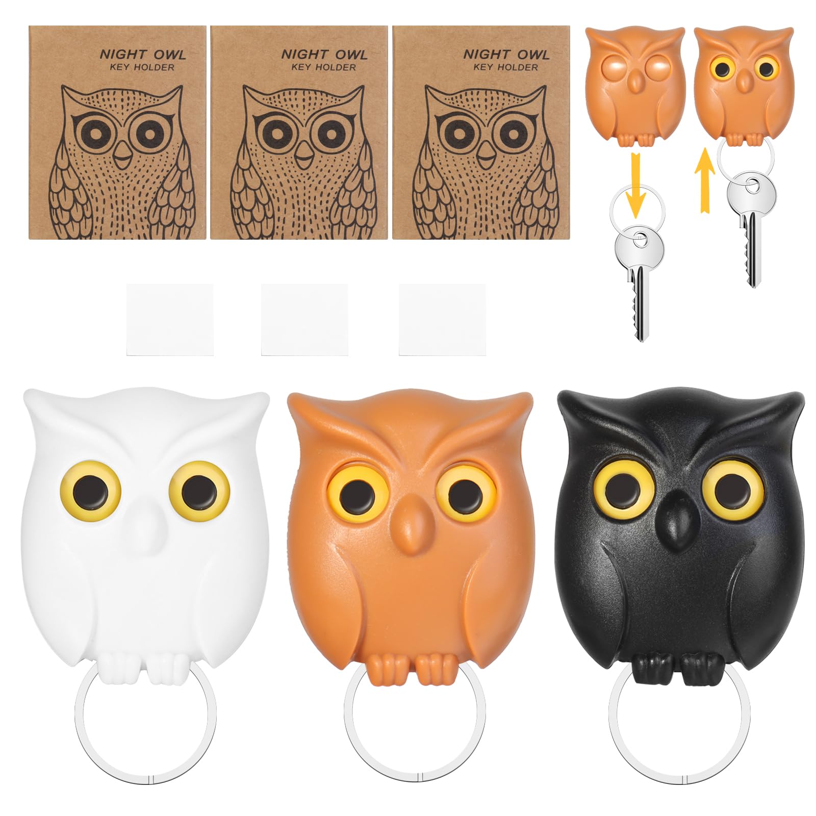 CYZBL 3Pcs Magnetic Key Holder, No-Punch Wall Key Hook Storage, Keyhook Storage Ornament Owl Key Holder, Wall Mounted Owl Keychain Holder 3 Color, Key Storage at The Entrance of The Foyer