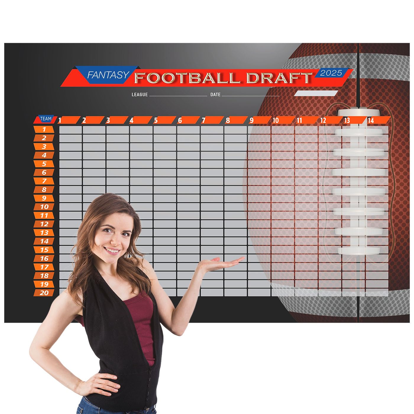 Photo 1 of Fantasy Football Draft Board Kit - 2025, XL 6 Feet x 4 Feet, 14 Teams 20 Rounds, Vinyl