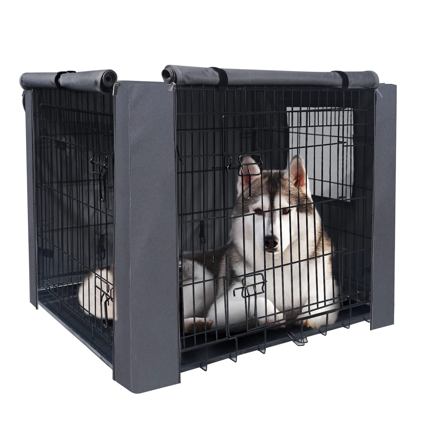 PETKEI Dog Crate Cover 42 Inch, waterproof 600D Oxford Dog Cage Cover for 1 & 2 Door Wire Crates, Breathable Mesh Window, Pocket & Blackout Design for Calming Comfort (Only cover)