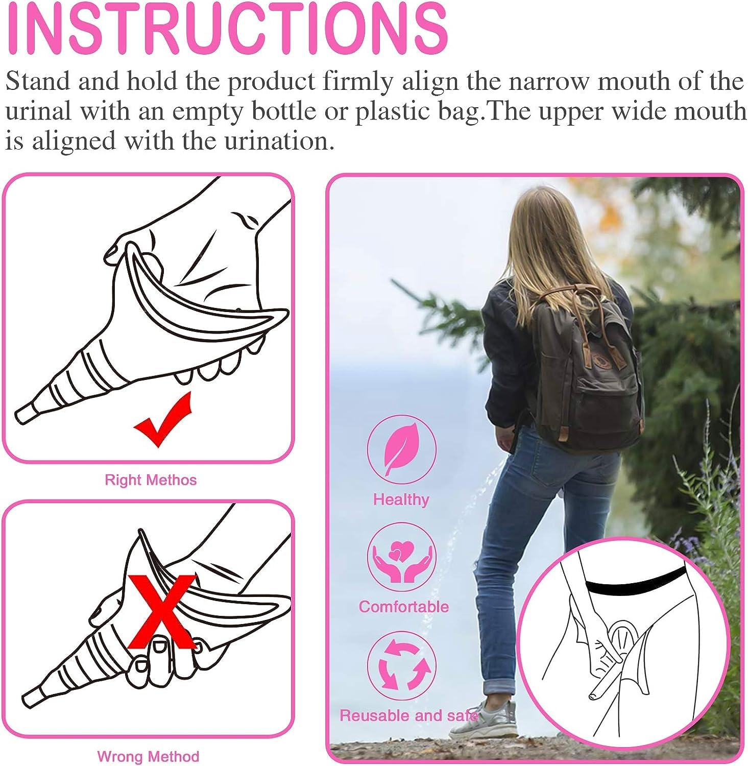 Female Urination Device, Reusable Female Urinal Silicone Women Pee Funnel Allows Women to Pee Standing Up, The Perfect Companion for Camping,Outdoor,Travel（Fuchsia）