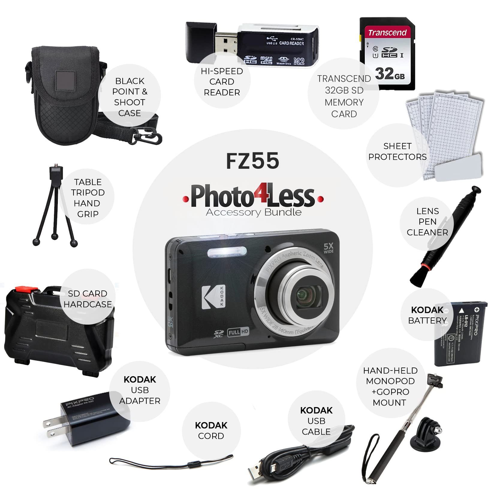 Kodak PIXPRO FZ55 Digital Camera (Black) + 32GB Memory Card + Point and Shoot Camera Case + Extendable Monopod + Lens Cleaning Pen + LCD Screen Protectors + Table Top Tripod â€“ Ultimate Bundle