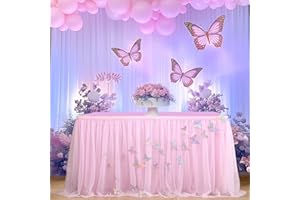 SUPPROMO 6ft Pink Butterfly Table Skirt for Rectangle Tables Tulle Tutu Butterfly Tablecloth Cover for Butterfly Theme Baby Shower Girls Birthday Party Wedding Cake Dessert Table Decorations