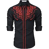 EDFTM Men's Western Cowboy Shirts Long Sleeve Button Down Embroidered Vintage Casual Hippie Shirts