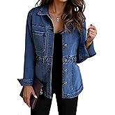 Tankaneo Denim Jacket for Women Distressed Jean Jacket Button Down Oversized Shacket with Pockets