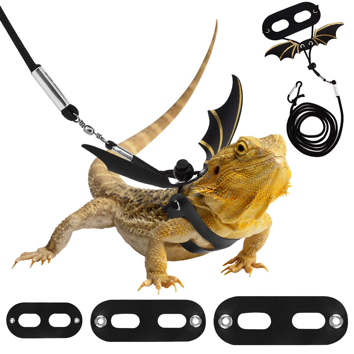 Pawaboo Pet Harness, 3 Leather Bearded Dragon Lizard Harness Hammock Set, Adjustable Outdoor Harness Lead for Small Pets, Lizard Reptiles - Black + Gold