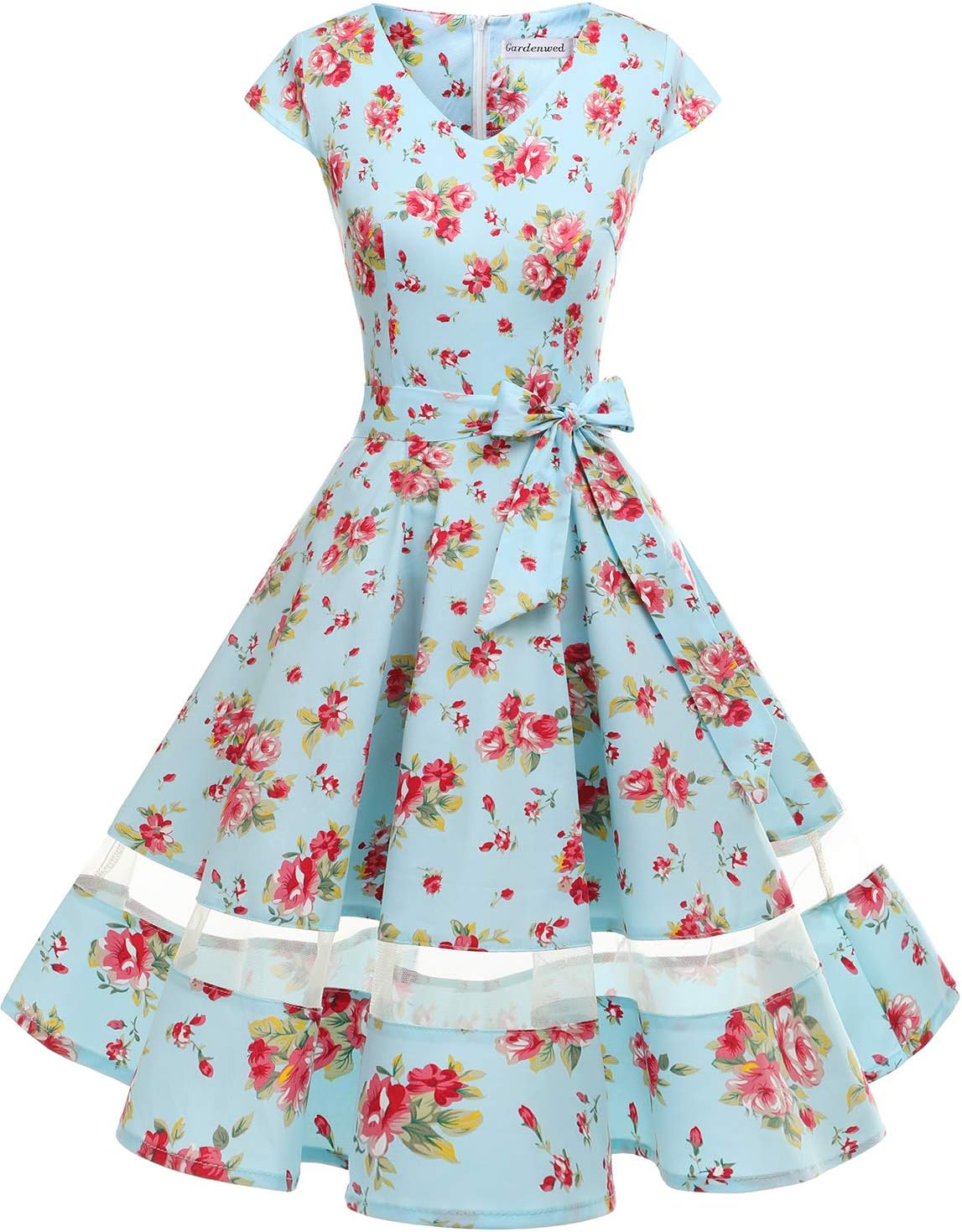 Women's 1950s Rockabilly Cocktail Party Dress Retro Vintage Swing Dress Cap-Sleeve V Neck