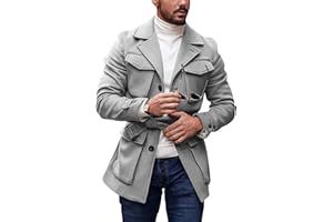 Pretifeel Mens Trench Coat Slim Fit Wool Blends Business Lapel Belted Overcoat Winter Casual Peacoat Jacket