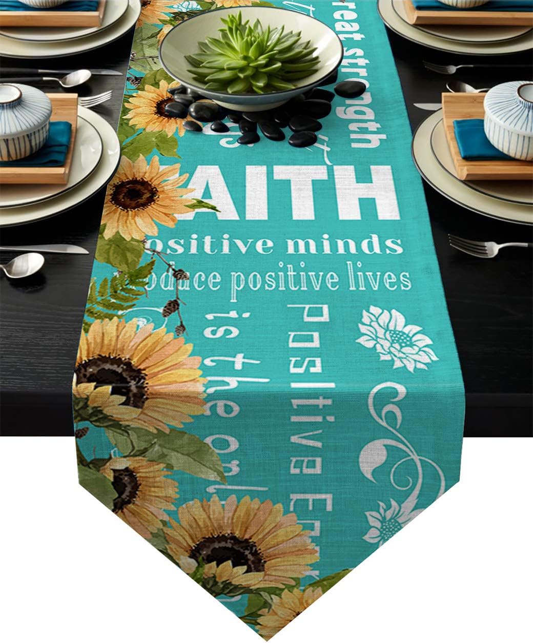 Fandim Fly Table Runner Positive Attitude Quote Inspirational Words Sunflower Background Table Runners for Catering Events, Dinner Parties, Wedding, Indoor and Outdoor Parties, 13 x 90 Inch