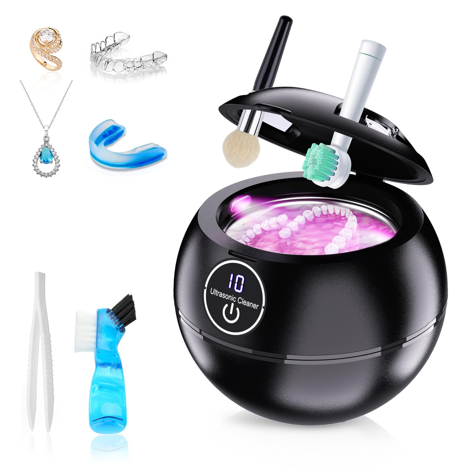 Ultrasonic Retainer Cleaner Machine, 45k HZ Dental Cleaning Pod with UV for Retainer, Dentures, Whitening Trays, Toothbrush Head, 190ml Portable Ultrasonic Denture Cleaner for Home