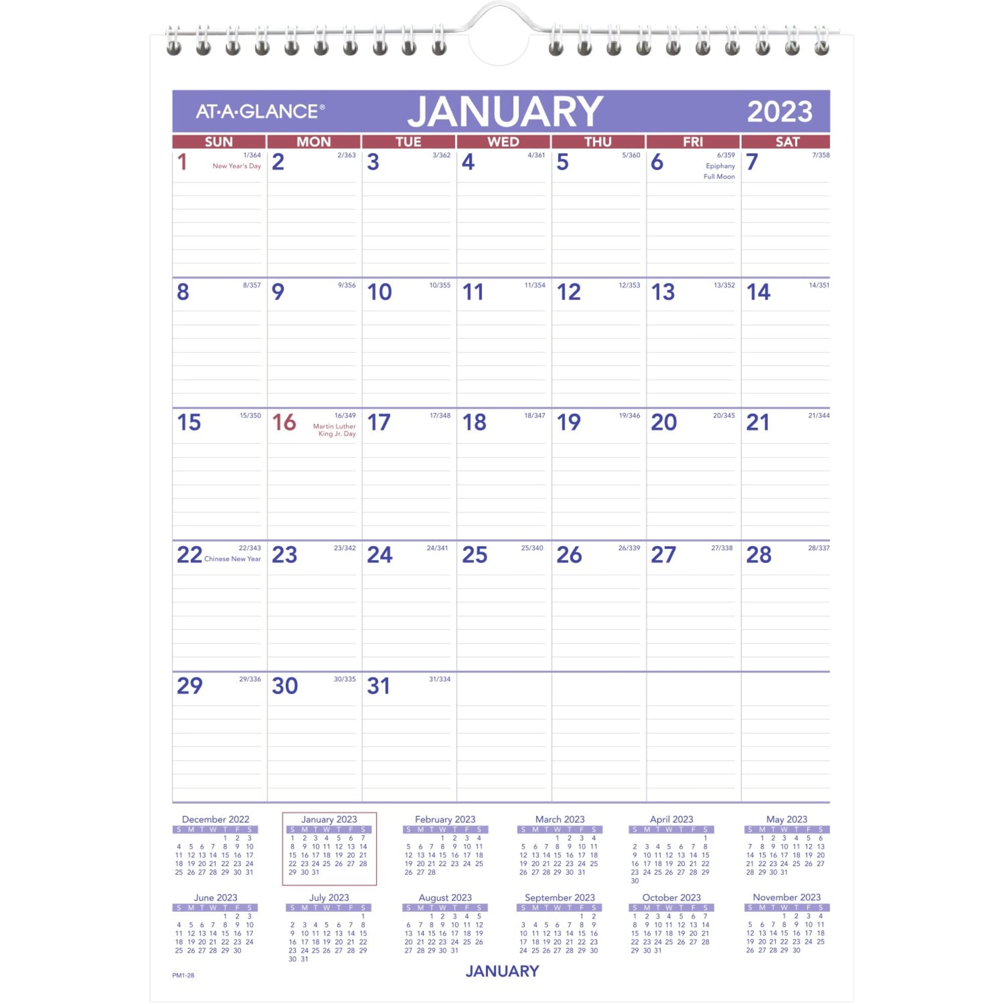 AT-A-GLANCE 2023 Wall Calendar, 8" x 11", Small, Ruled Blocks, Spiral Bound, Monthly (PM128),Blue