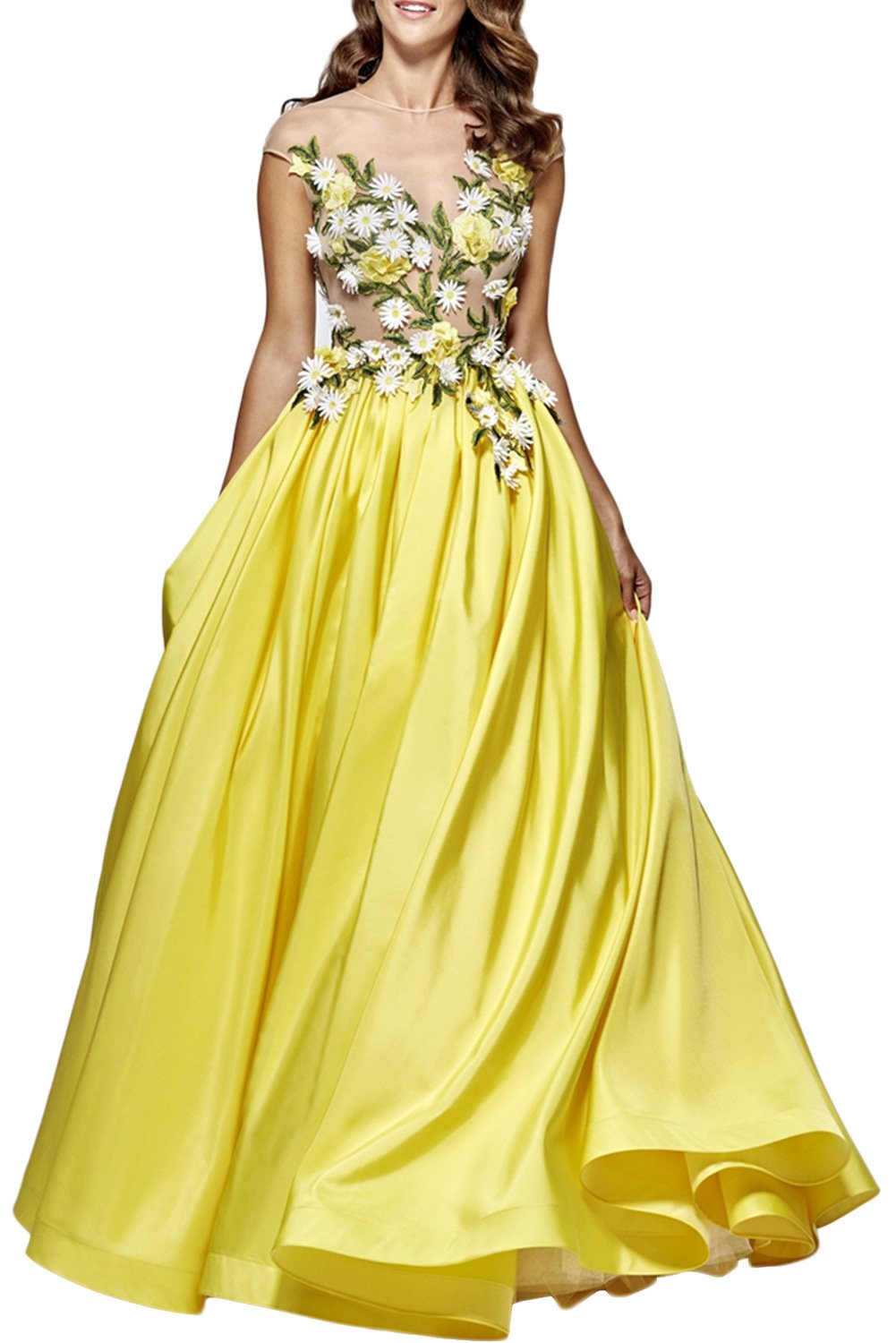 Women's Sexy Floral Wedding Dresses Cap Sleeves Formal Long A Line Evening Prom Dress 2019