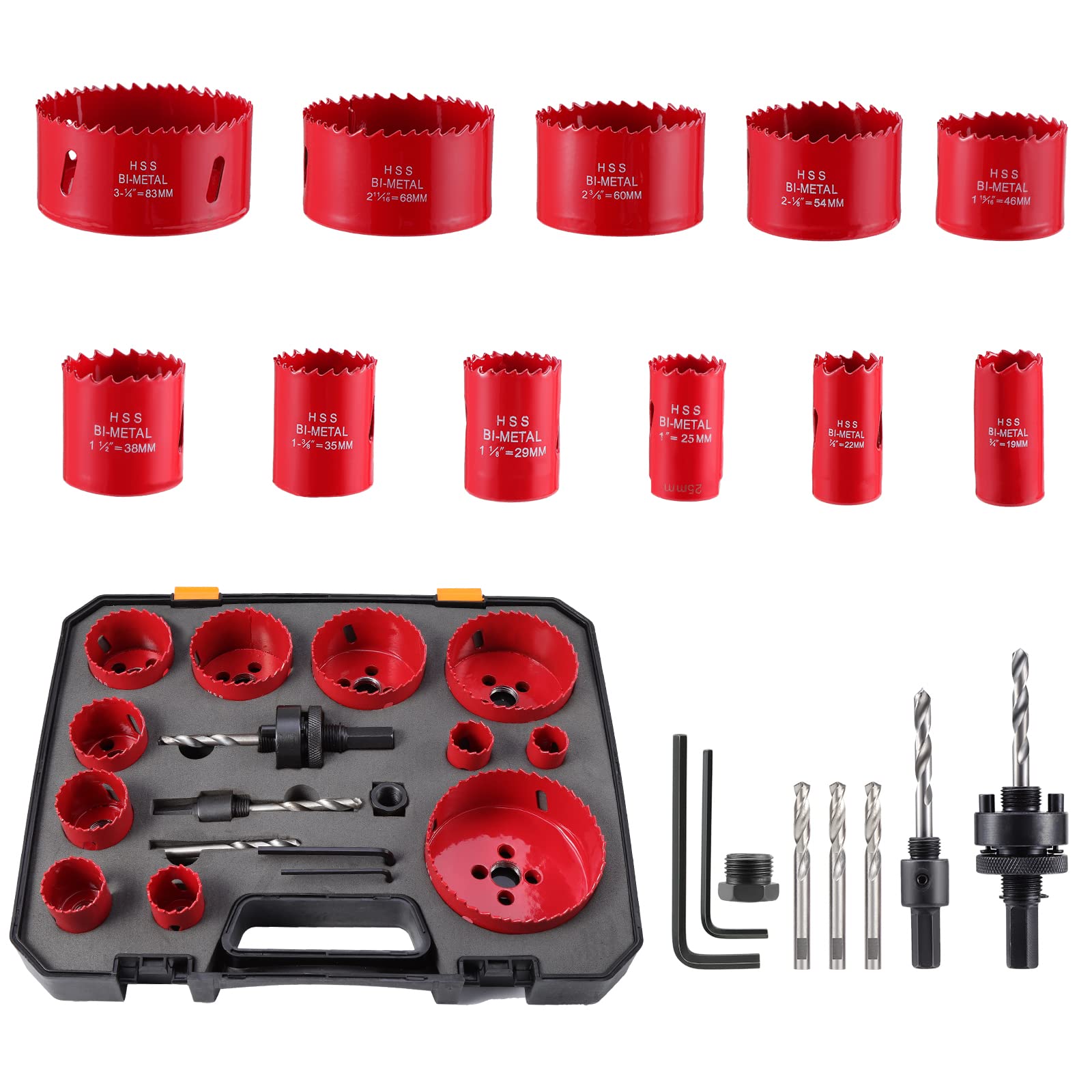 19PCS Hole Saw Set Cobalt Hole Cutter Set, Bi-Metal Hole Saw Kit 3/4 Inch to 3-1/4 Inch Heavy Duty Hole Drilling Cutter Kit with Mandrels, Adapters, Hex Key for Wood, PVC Board, Aluminum, Metal (19)
