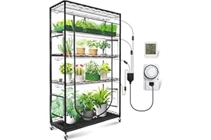 JESLED Indoor Greenhouse with Grow Light, 3FT Full Spectrum 5000K LED Light for Seed Starting, Tiered Lighting Control, Built-in Timer & Thermo-Hygrometer, Rolling Metal Plant Stand (35.4x13.8x70IN)