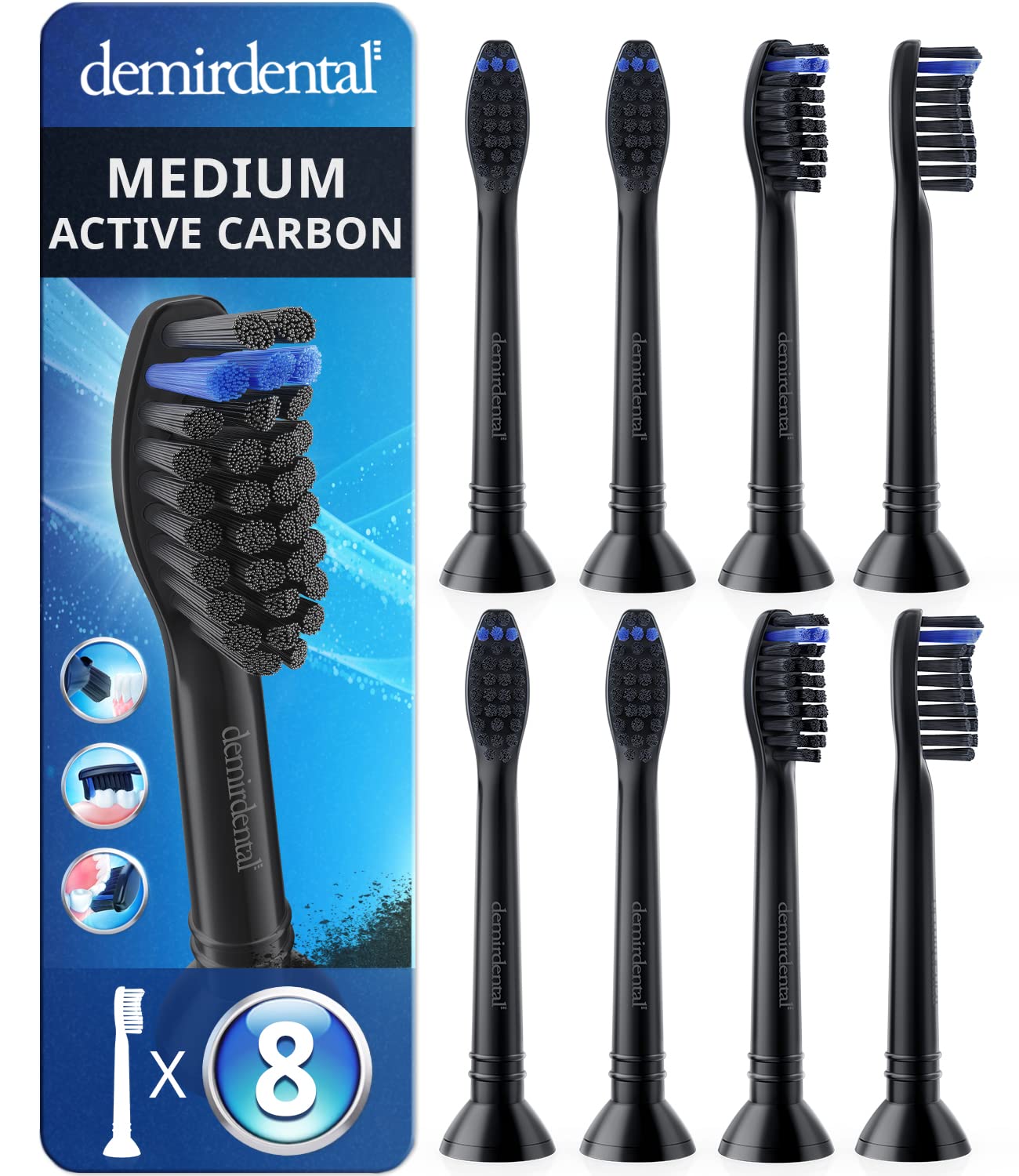 8 Pack demirdental Brush Heads Compatible for Philips Sonicare Toothbrush Heads with Activated Charcoal, Medium Replacement Heads, Black, HX9058mb