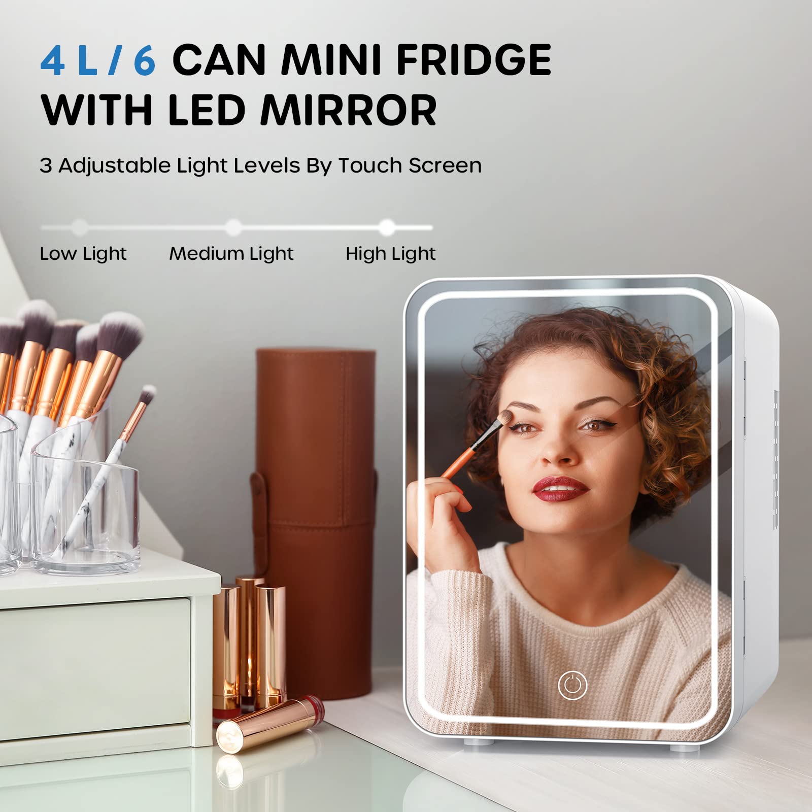 ECOWELL Skin care Fridge, Mini Fridge for Bedroom, 4L with LED Mirror for Makeup Cosmetic Beauty, portable Refrigerator for Office Dorm Car, Cooler & Warmer, AC & DC, White