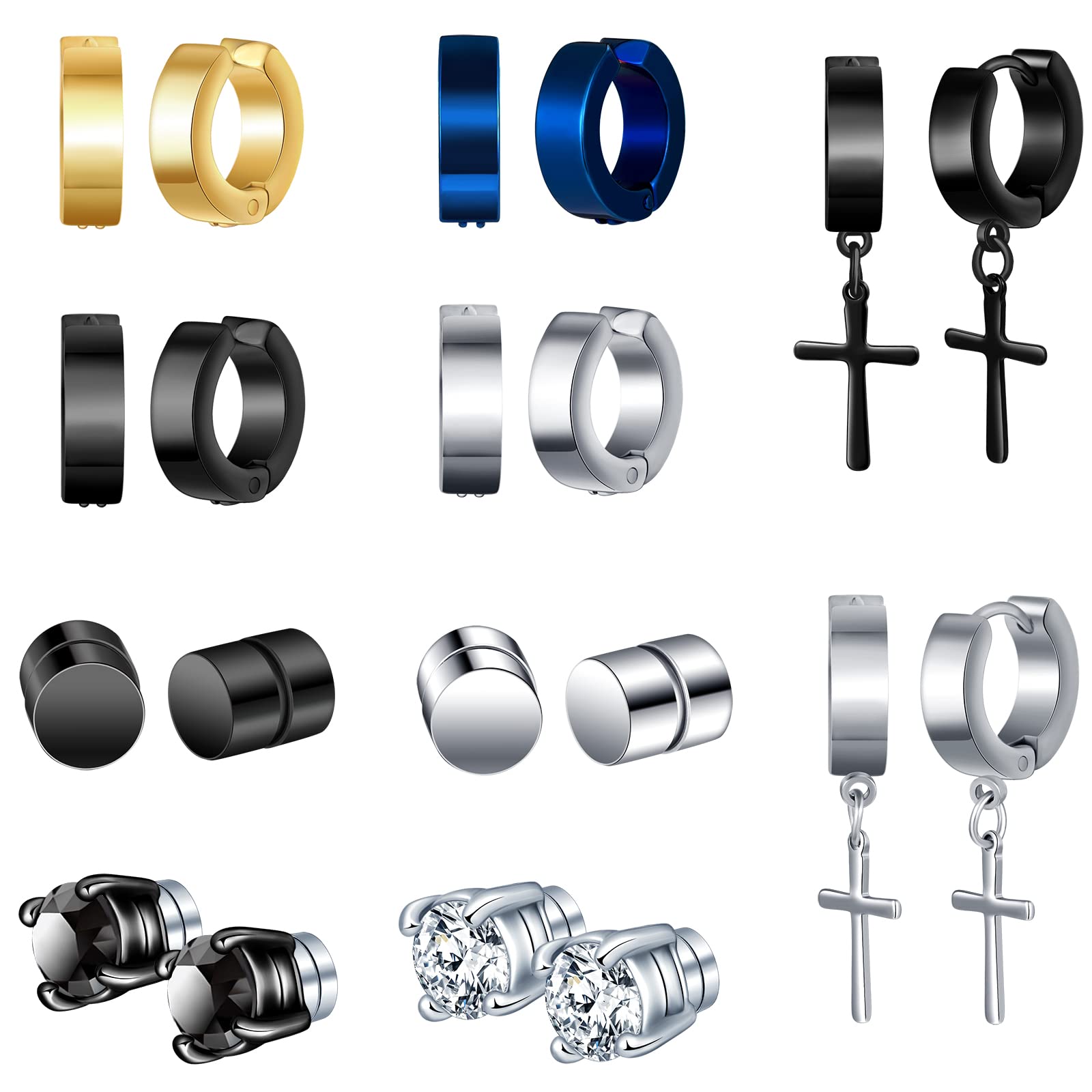 Feilok 10 Pairs Stainless Steel Huggie Hoop Stud Earrings for Men Set Piecing Hypoallergenic Jewellery for Women