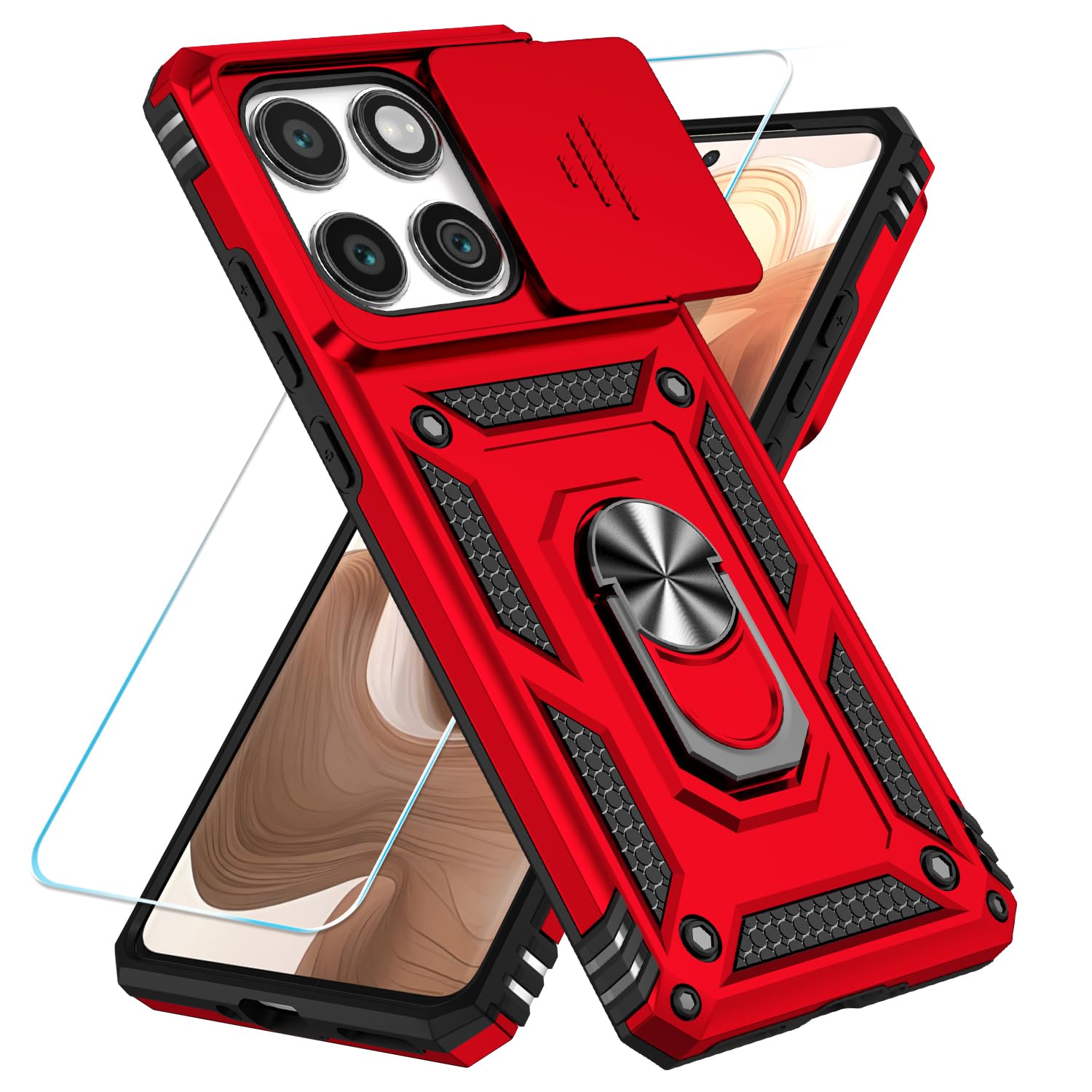 Photo 1 of SunStory Compatible with Motorola Moto Edge 2025 Case with HD Screen Protector & Slide Camera Cover & Rotated Ring Kickstand, [Military-Grade] Phone Case for Moto Edge 2025,Red