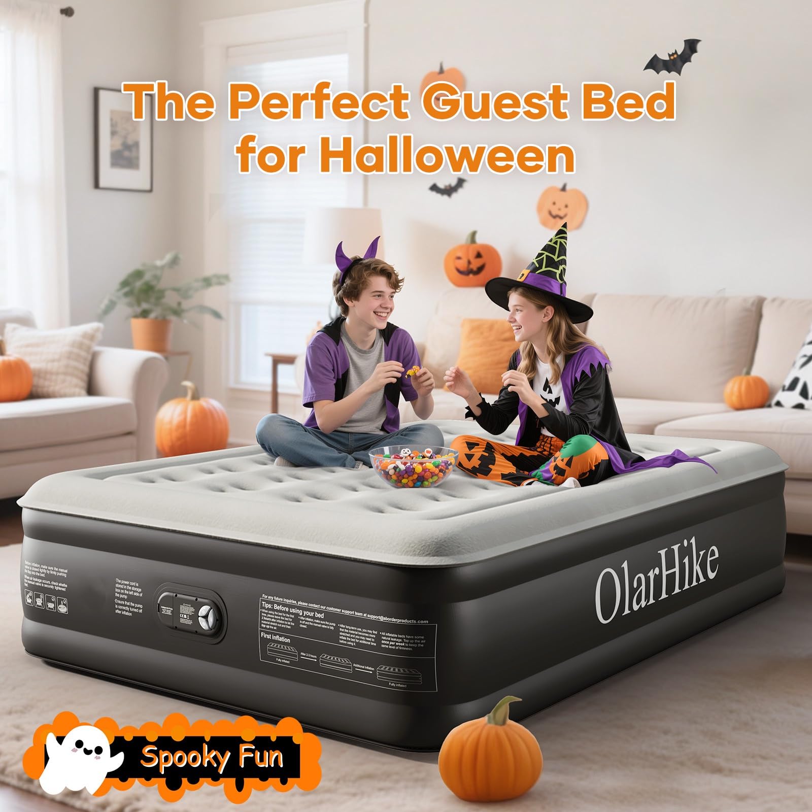 OlarHike Inflatable Mattress, Air Bed, Double Airbed with Built in Pump, Blow Up Mattress, Folding Guest Bed Self Inflating with Flocked Surface for Camping and Home Use, 190cm x 140cm x 46cm (Black)