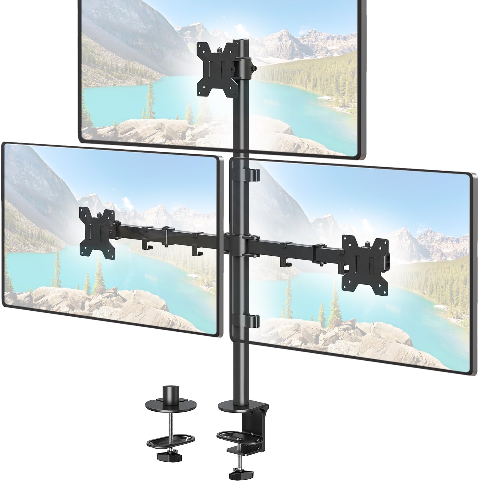 ELIVED 806mm Tall Pole Triple Monitor Arm Desk Mount for Most 17-32 Inch Screens with VESA 75/100mm up to 8KG, with C-Clamp & Grommet Base, Monitor Stand for 3, EV4013