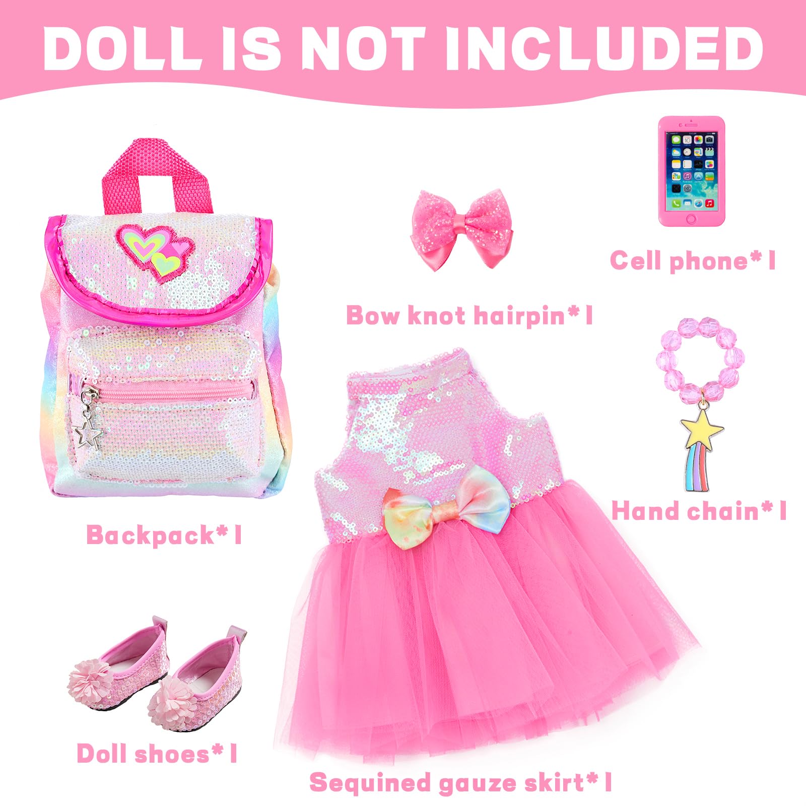 ECORELF American 18 Inch Doll Clothes and Accessories, Sequin Doll Backpack Accessories Set Included 18 inch Girl Doll Backpack,Sequin Gauze Dress,Doll Shoes,Bow Knot Hairpin,Hand Chain(No Doll)
